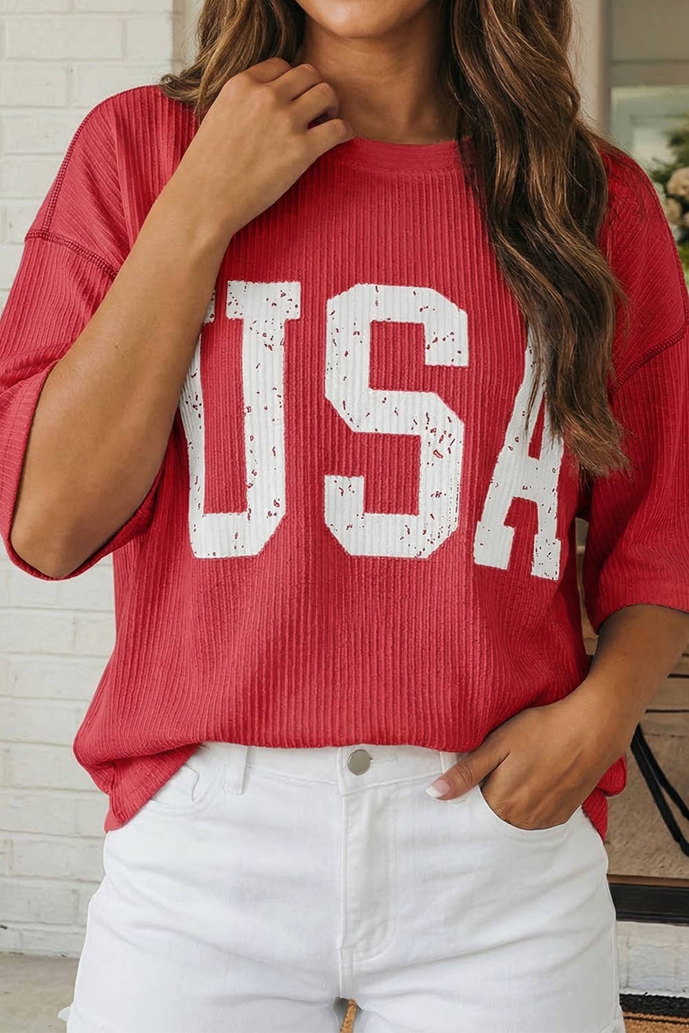 LAS USA Graphic Half Sleeve Loose Ribbed Top (S-XL)
