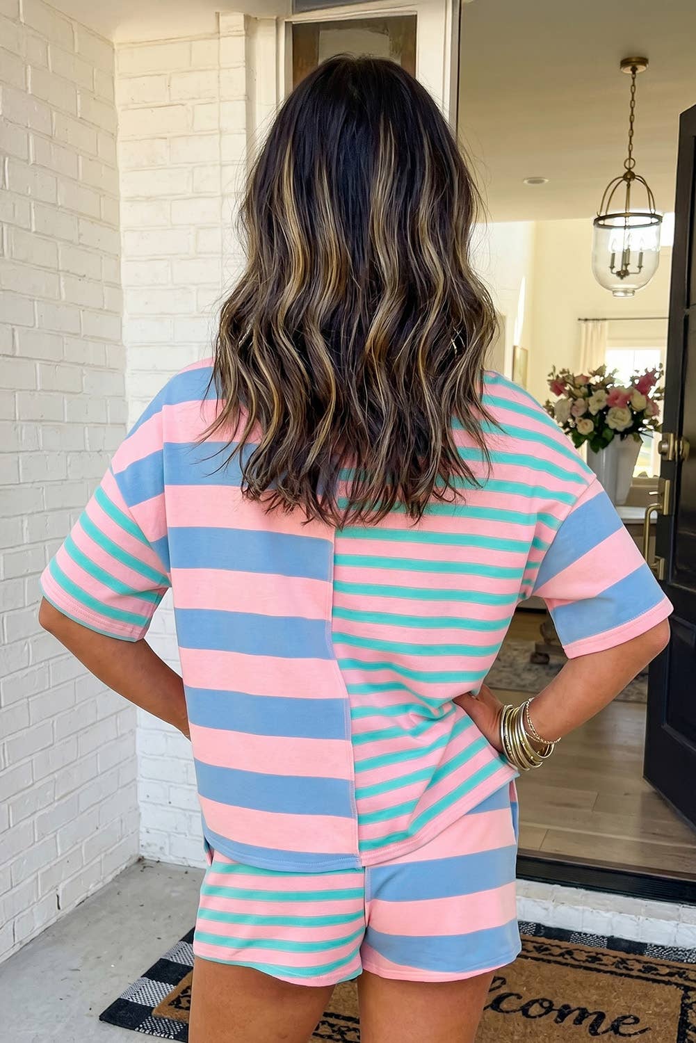 LAS Stripe Exposed Seam Patchwork Shorts Set (S-XL):
