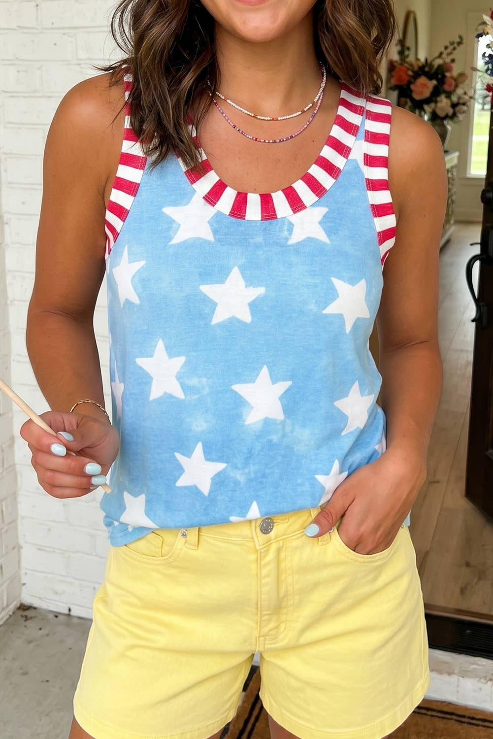 LAS Dye Star Print Striped Trim Casual Tank Top (S-XL)