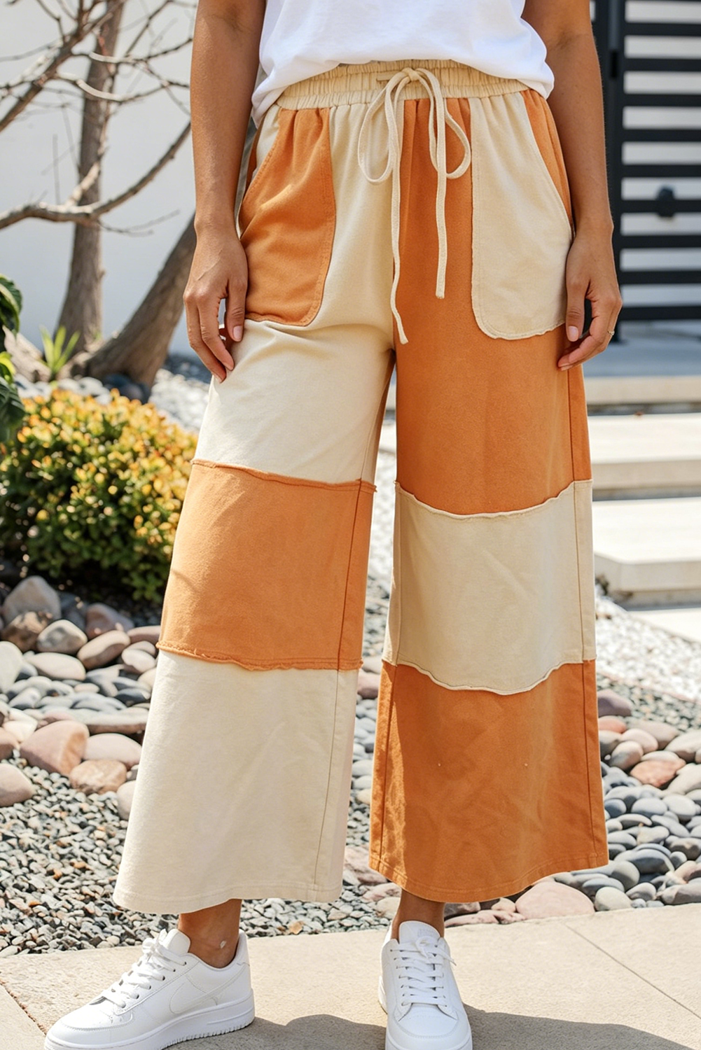 Casual Wide Leg Ankle-length Colorblock Pants for Daily Wear: Russet Orange