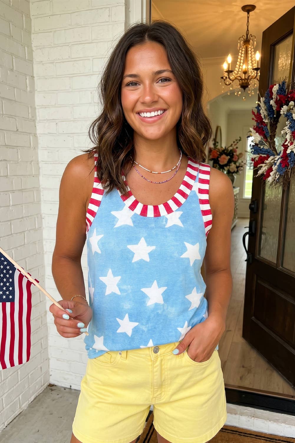 LAS Dye Star Print Striped Trim Casual Tank Top (S-XL)