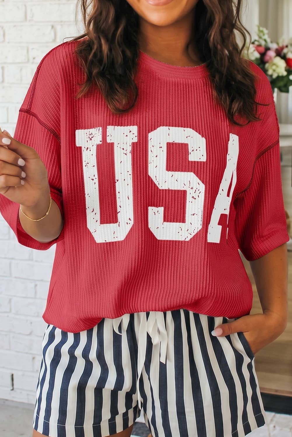 LAS USA Graphic Half Sleeve Loose Ribbed Top (S-XL)