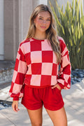 Plaid Long Sleeve Two Piece Set- Red