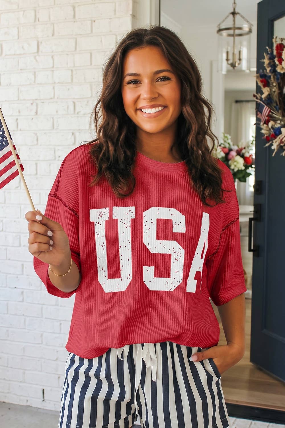 LAS USA Graphic Half Sleeve Loose Ribbed Top (S-XL)