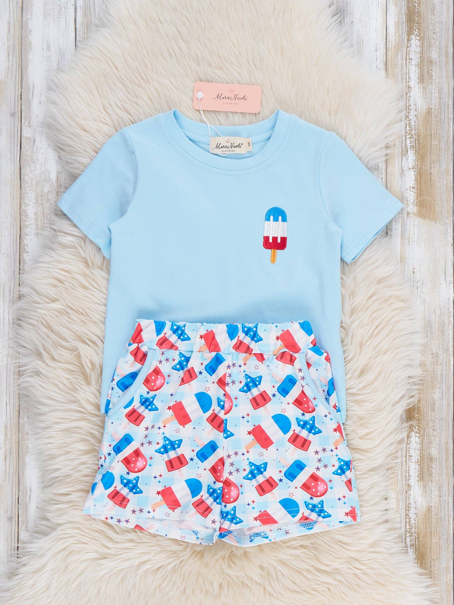 Patriotic Popsicles Embroidered Cotton Outfit: XL(5yrs)